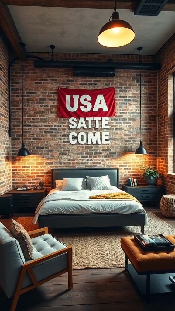 A cozy industrial-style master bedroom featuring exposed brick walls, metal pendant lights, and a stylish bed.
