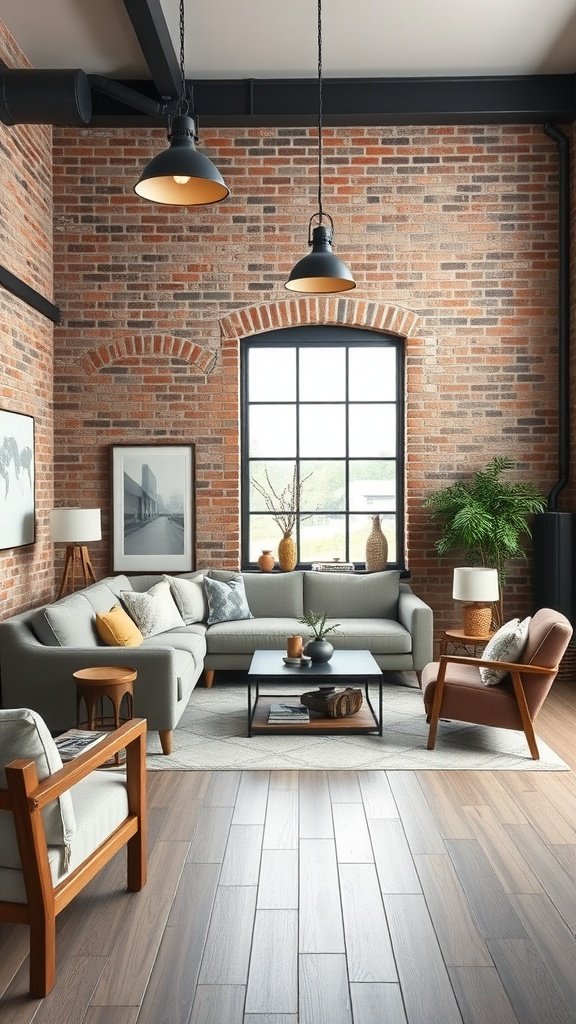 Modern farmhouse living room with industrial elements, featuring a brick wall, pendant lights, and stylish furniture.