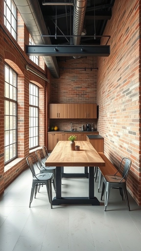 Industrial modern kitchen nook with exposed brick walls, large wooden table, and metal chairs.