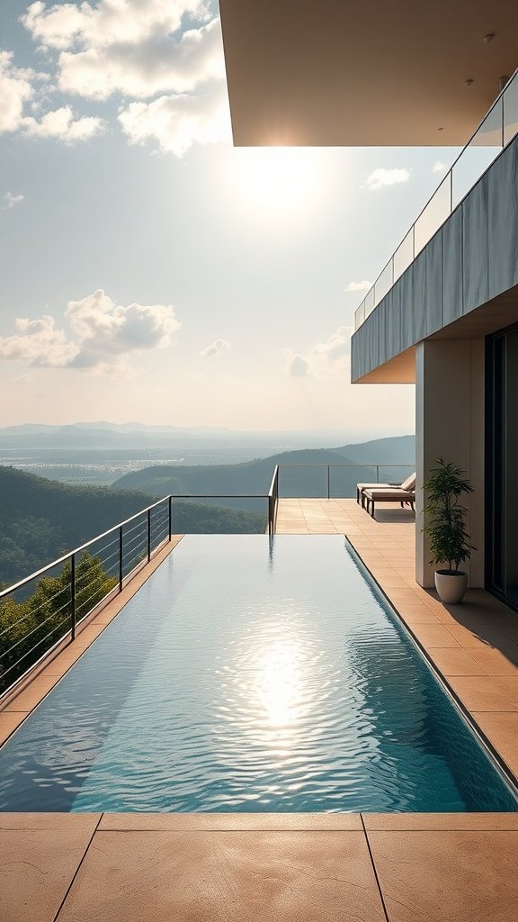 A modern infinity edge balcony pool with a stunning view of mountains and a sunny sky.