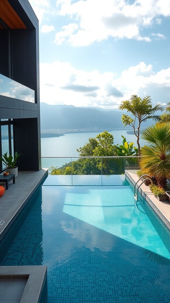 A modern infinity edge balcony pool with a stunning view of the ocean and mountains in the background.