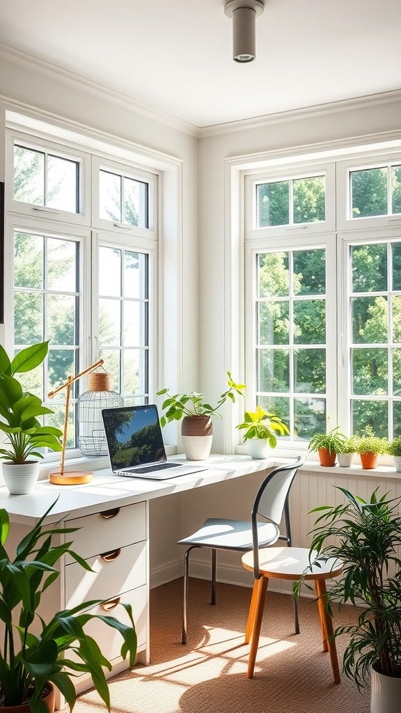 A bright home office with large windows, a desk, a laptop, and various green plants.