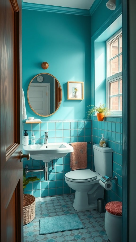A small bathroom painted in vibrant turquoise with modern fixtures and decor.
