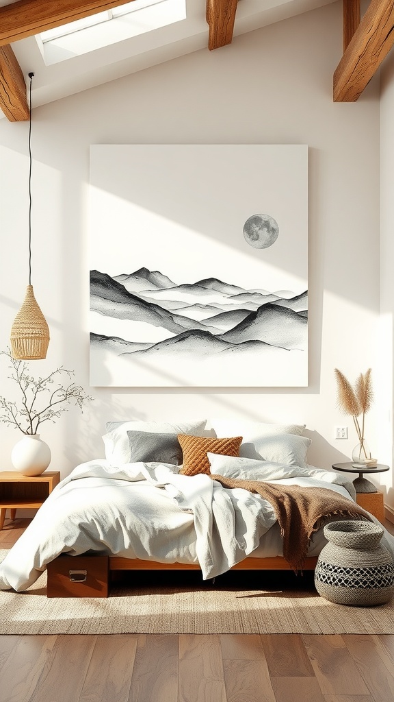 A boho themed bedroom featuring a large ink wash painting of mountains above a cozy bed.