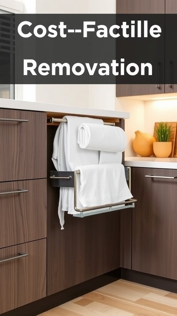 A modern kitchen featuring a roll-out towel rack with neatly folded towels.