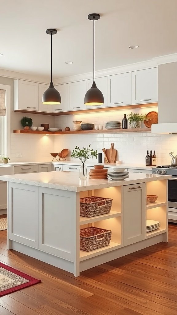 A modern kitchen peninsula with side storage including woven baskets and decorative items, enhancing both functionality and aesthetics.