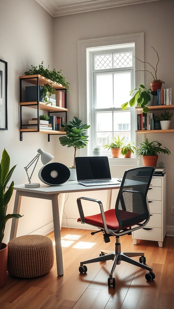 A small home office with a desk, laptop, plants, and bright natural light.