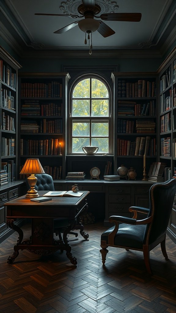 A cozy room with leather furniture, bookshelves, and warm lighting.