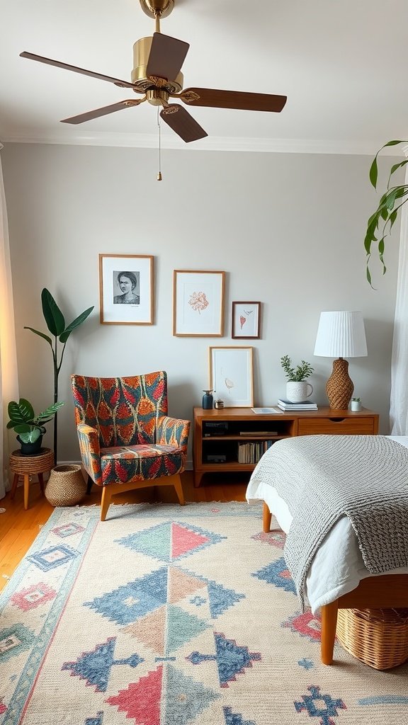 A colorful Boho Mid-Century Modern bedroom with a patterned armchair, wooden dresser, and decorative plants.