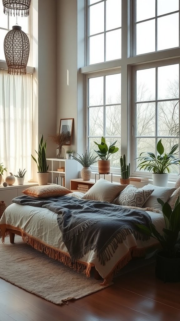 A cozy bohemian bedroom with large windows letting in natural light, featuring plants, a bed with layered blankets, and a warm atmosphere.