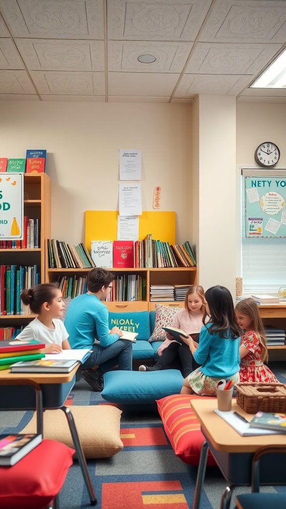 Students setting up a cozy classroom reading corner with colorful cushions and books.