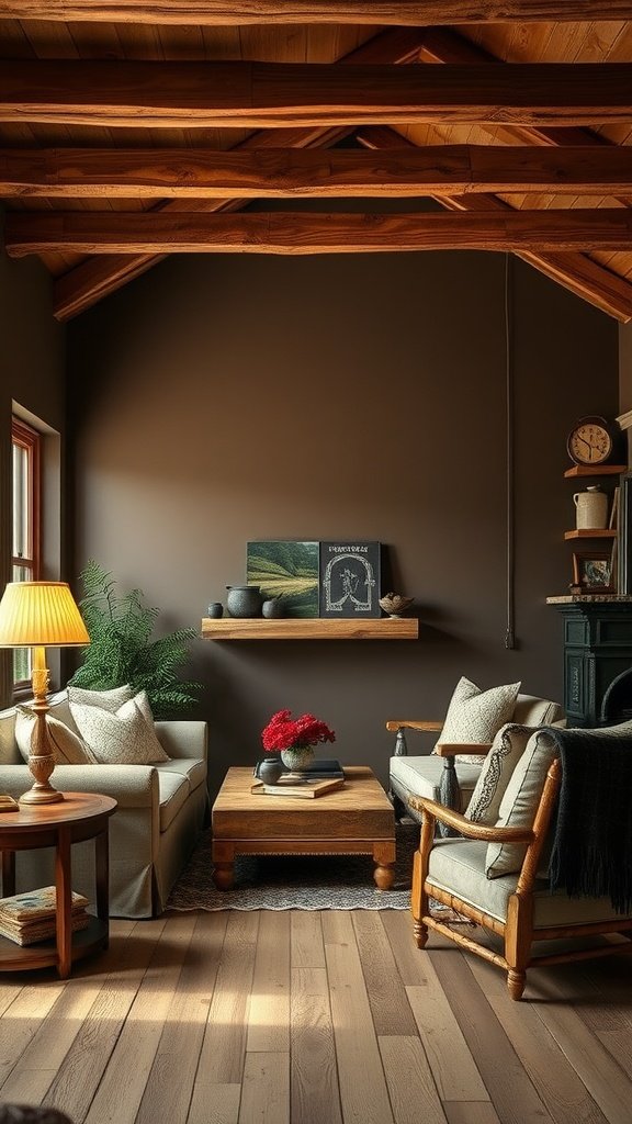 A cozy living room featuring Iron Ore paint on the walls with wooden beams and rustic furniture.