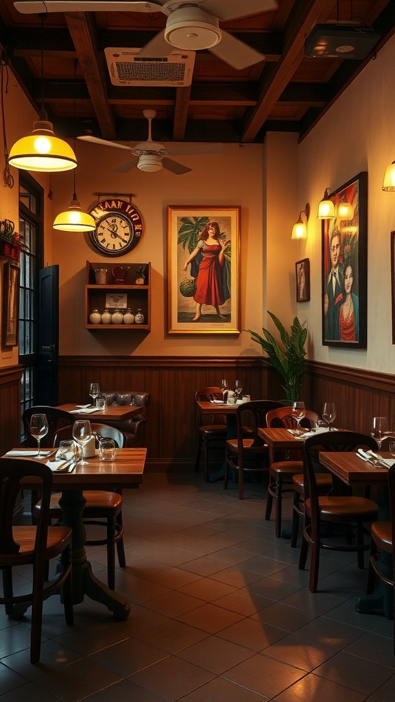 A cozy Italian bistro dining room with wooden decor, art pieces, and warm lighting.
