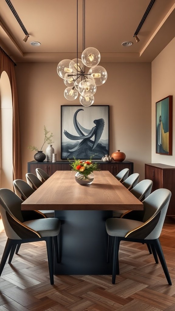 A contemporary Italian dining room featuring a wooden table, plush chairs, and unique chandelier.