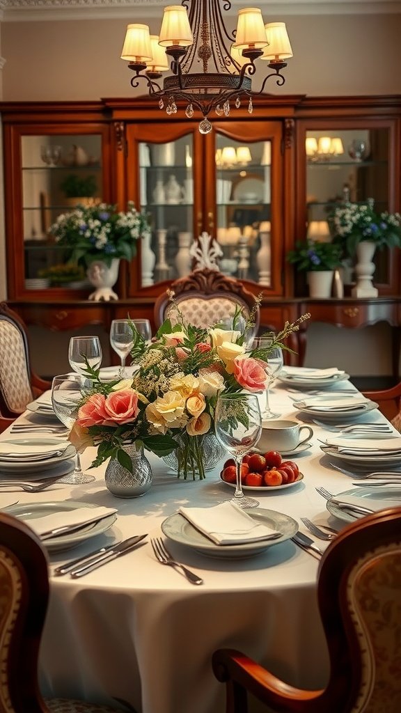 An elegant dining room table set for a meal, featuring a floral centerpiece, fine china, and crystal glassware.