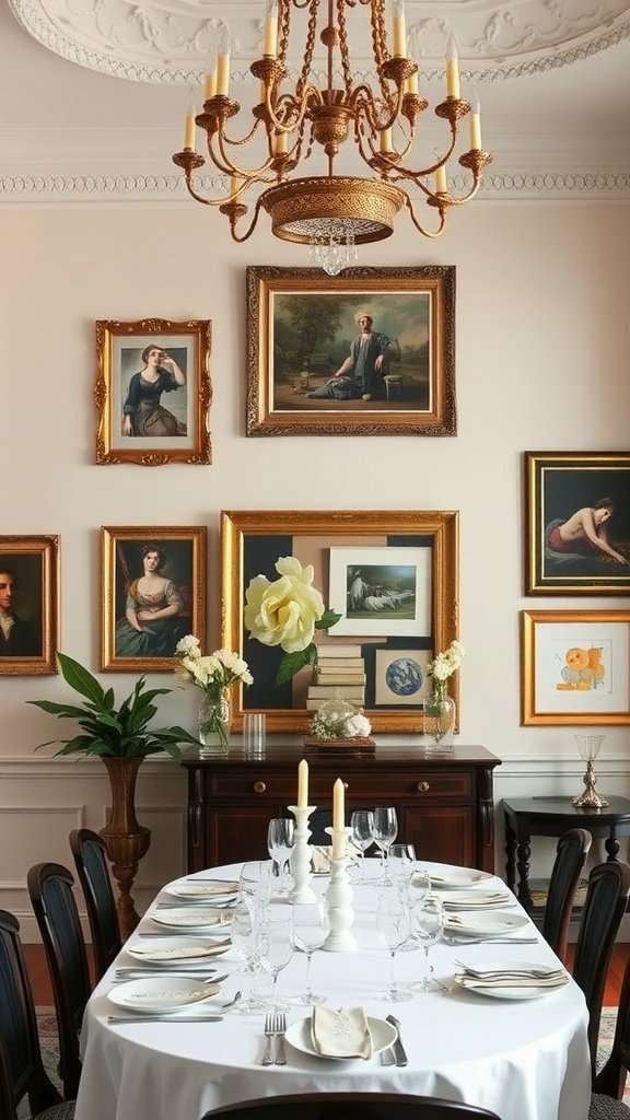 Luxurious Italian dining room featuring elegant wall art, a chandelier, and a beautifully set table.