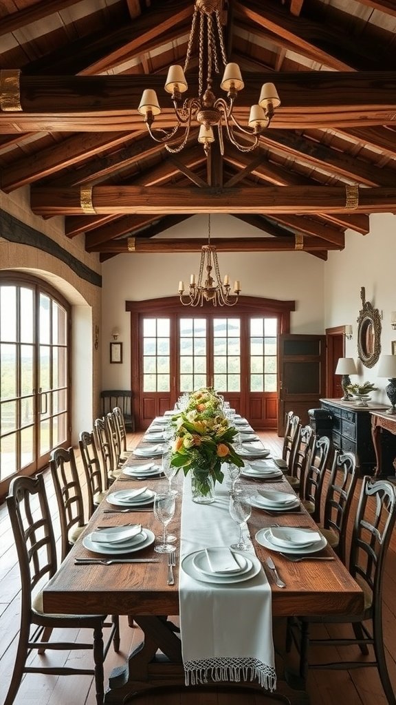 Interior of an Italian farmhouse dining room with a long wooden table, elegant place settings, and wooden beams
