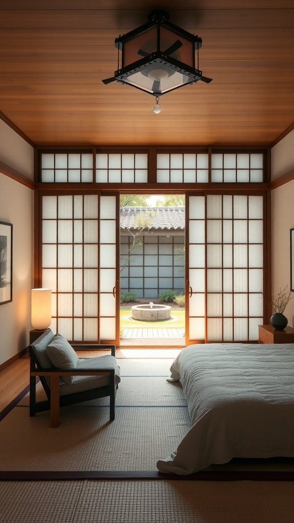 A serene master bedroom showcasing Japanese decor with sliding doors, tatami flooring, and a tranquil garden view.