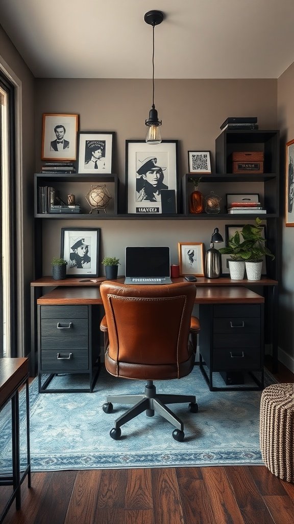 A stylish masculine home office featuring dark furniture, a leather chair, and framed art.