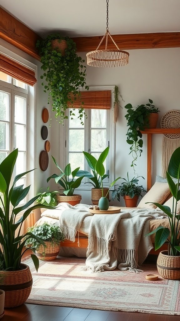 A cozy jungle-inspired boho bedroom with plants, a bed with a soft throw, and natural light.