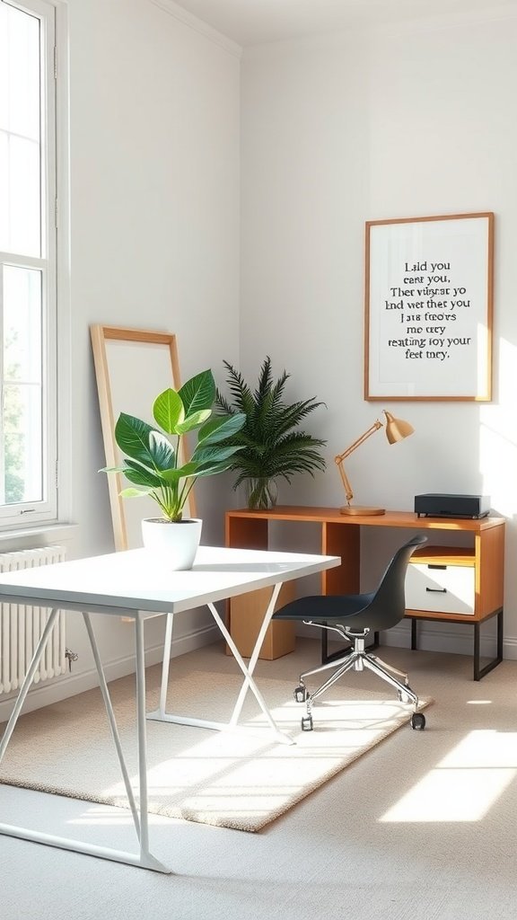 A bright minimalist home office with a white desk, black chair, green plant, and framed quote on the wall.