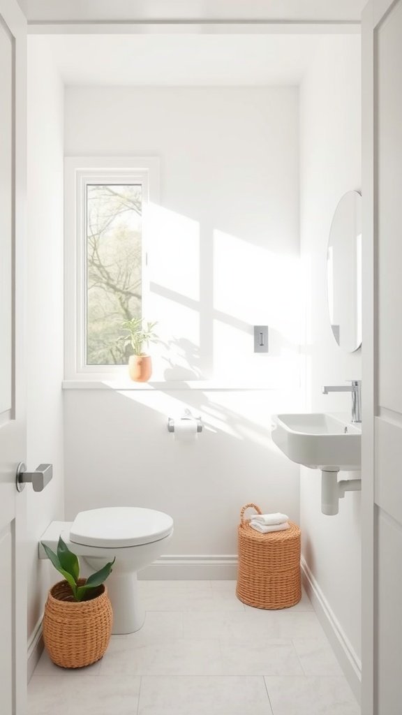 A bright, light neutral small bathroom with a window, plants, and minimalist decor.