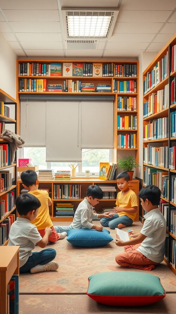 Students enjoying a cozy reading corner with bookshelves and cushions.