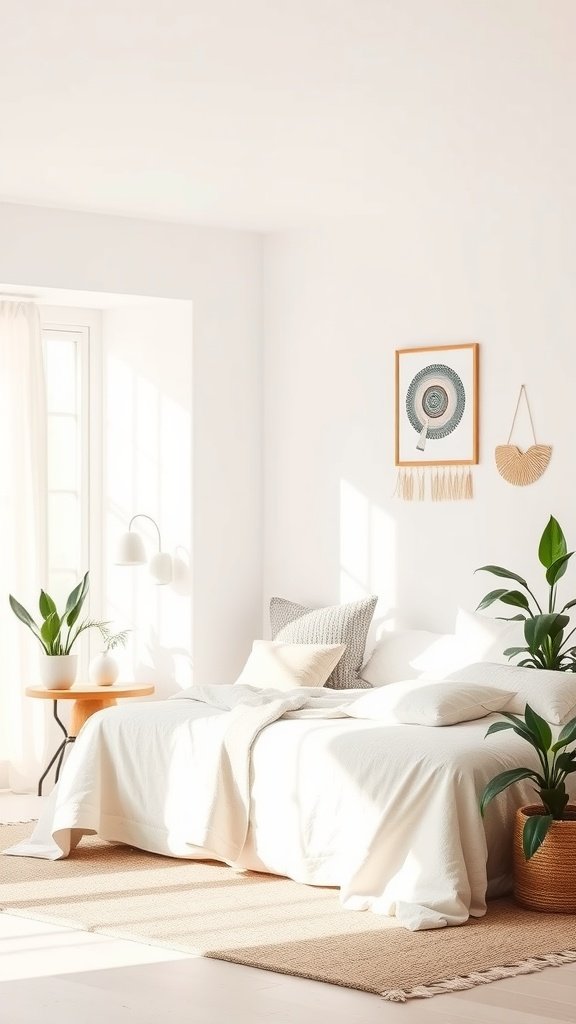 A minimalist bedroom with clean white walls, soft bedding, and indoor plants.