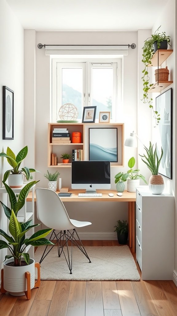 A compact home office nook with a white desk, potted plants, and organized shelves.