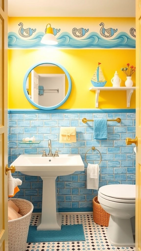 A kid's bathroom featuring yellow walls, blue tiled accents, and playful decor