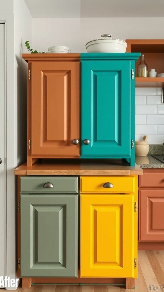 Before and after image of kitchen cabinet makeovers with vibrant colors