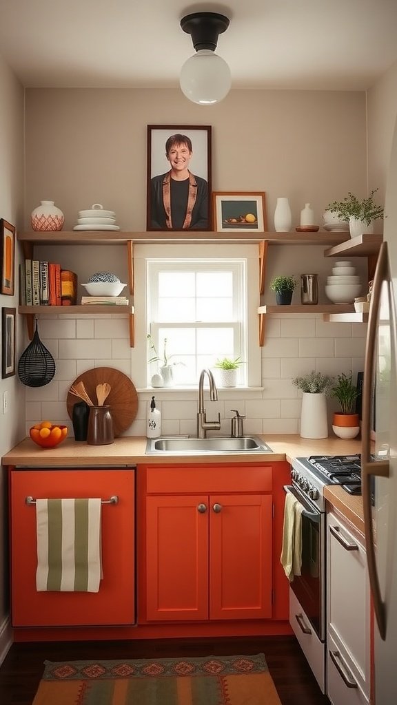 A cozy small kitchen featuring bright orange cabinets, open shelves, and decorative elements.