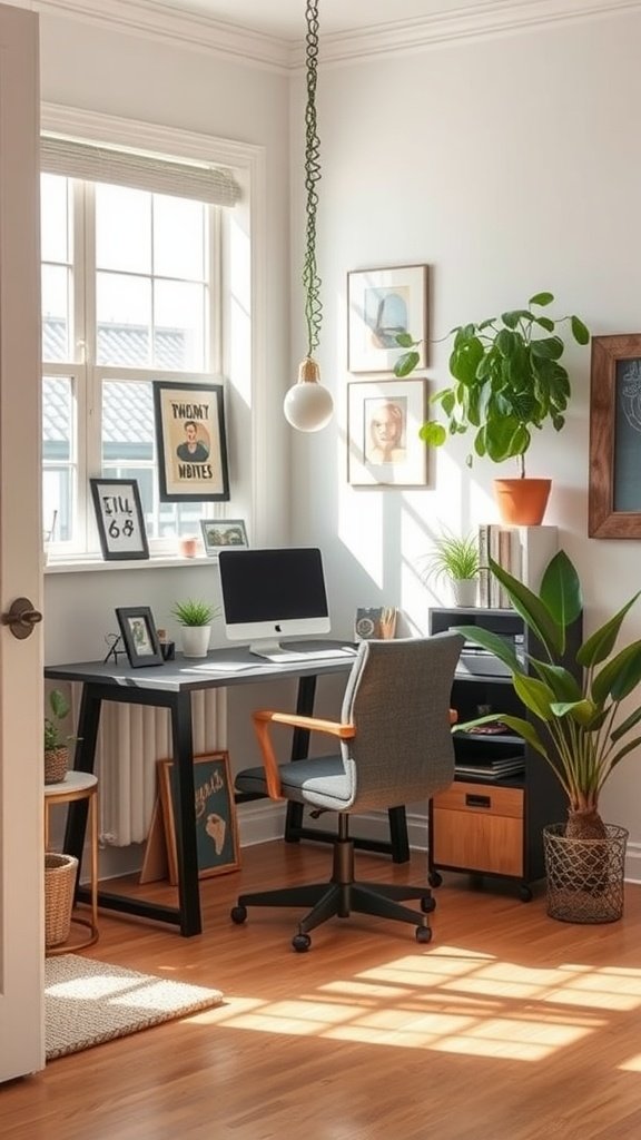 A cozy corner office setup with a desk, computer, plants, and artwork.