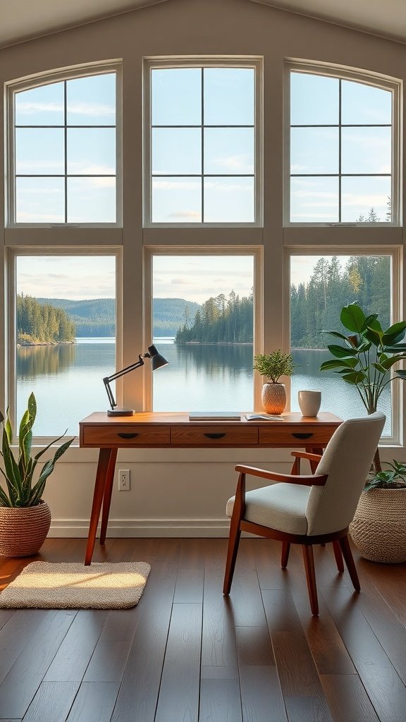 A cozy lakehouse-inspired home office with a view of a serene lake, large windows, a wooden desk, and potted plants.