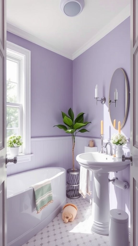 A small bathroom painted lavender with a bathtub, sink, and greenery.