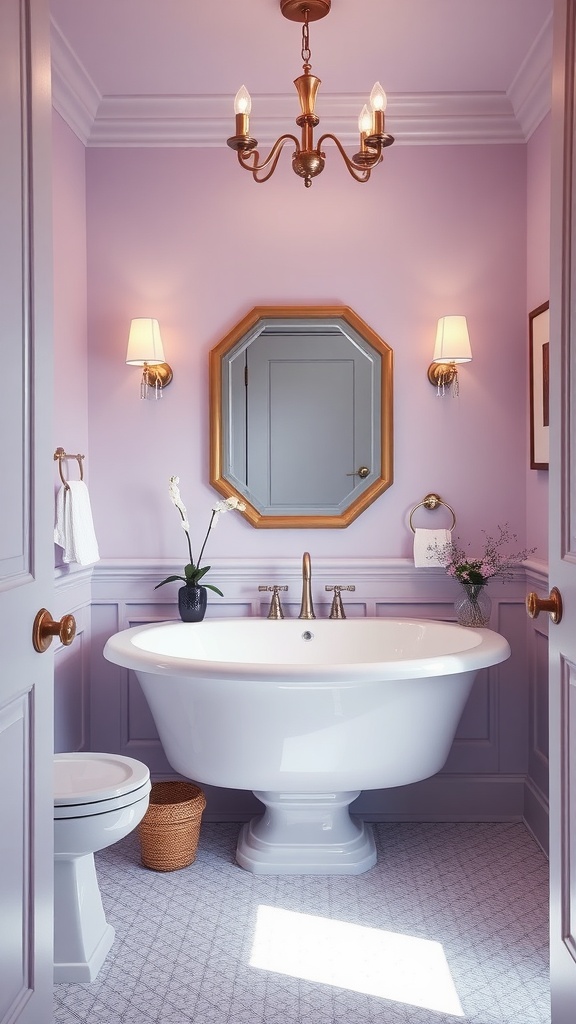 A stylish bathroom featuring Lavender Mist by Benjamin Moore, with a white tub, elegant light fixtures, and decorative plants.
