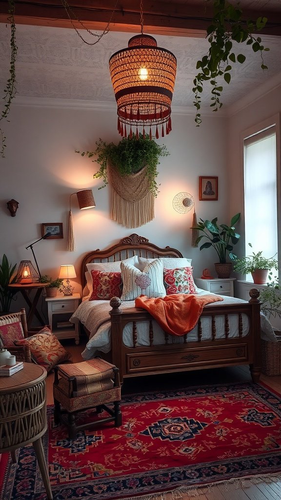 A cozy and stylish bohemian bedroom featuring vintage furnishings, warm lighting, and decorative plants.