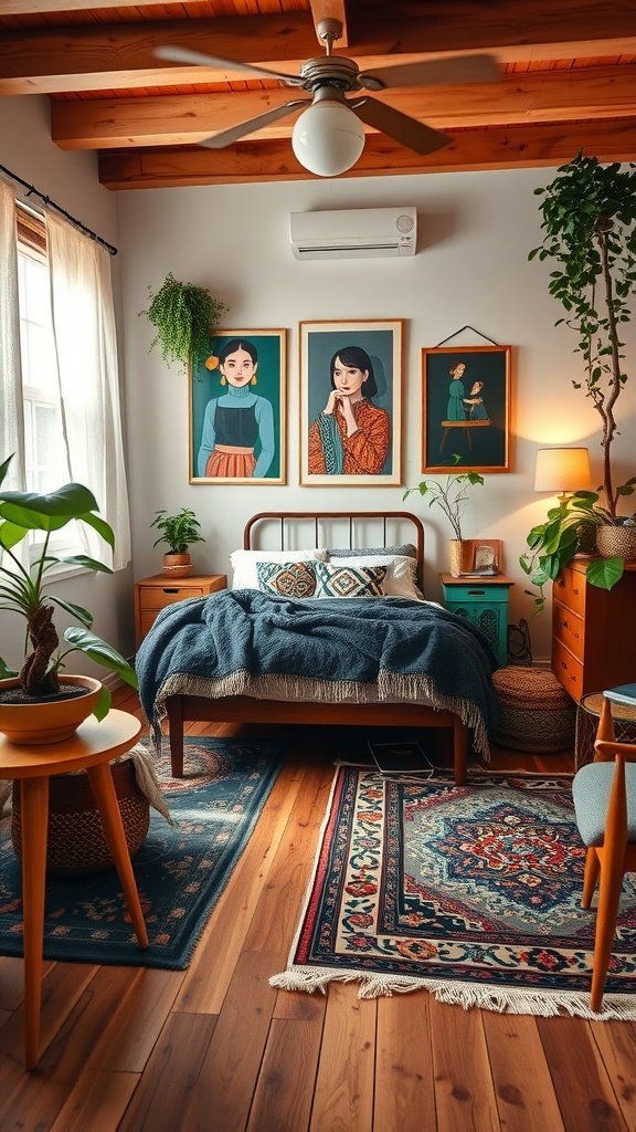 A cozy and stylish Boho Mid-Century Modern bedroom featuring vintage furnishings, warm wood accents, and vibrant rugs.