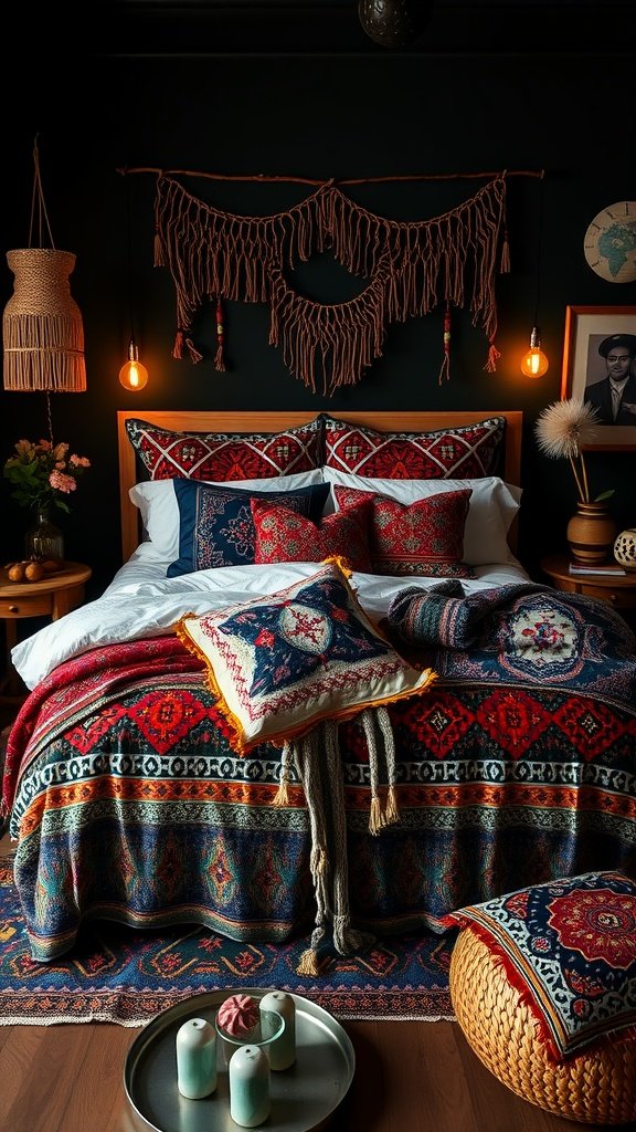 A dark bohemian bedroom featuring layered global textiles and tribal prints on the bed, with macramé wall art and warm lighting.
