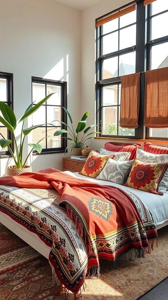 A bright bedroom featuring a bed with layered global textiles and tribal prints, showcasing a mix of colorful throws and pillows.