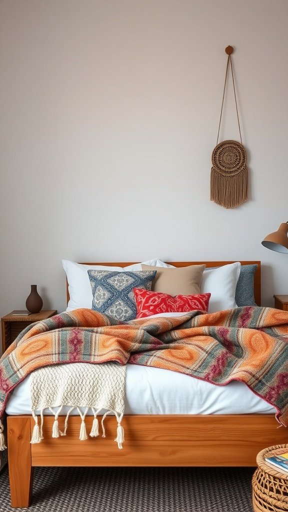 A cozy bed with colorful blankets and cushions in a minimalist bedroom