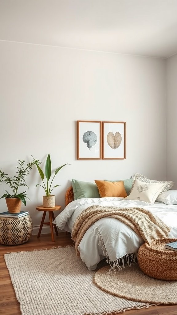 A minimalist bohemian bedroom featuring soft bedding, plants, and natural decor.