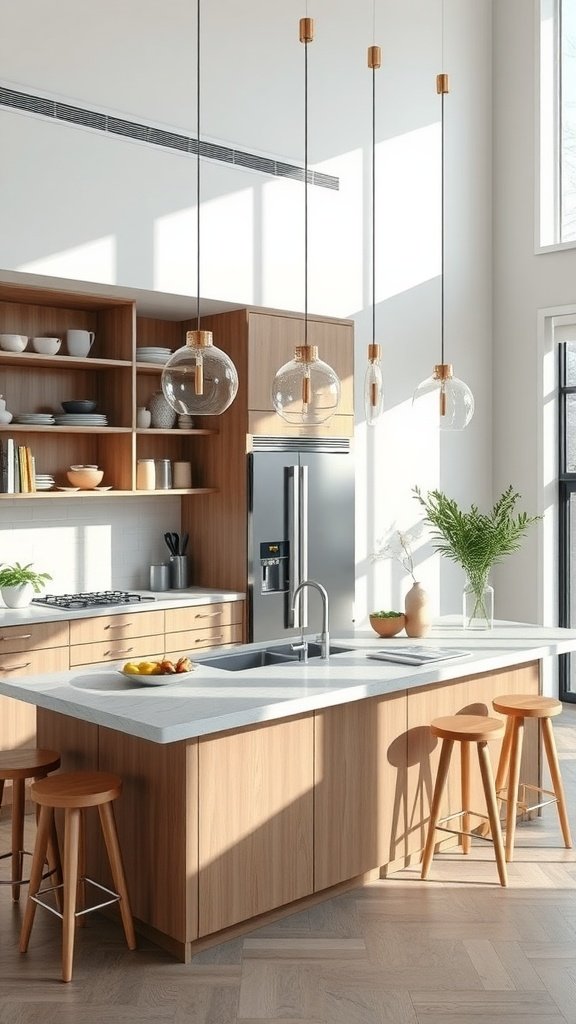 A modern kitchen featuring a wooden peninsula with stools, pendant lights, and open shelving.