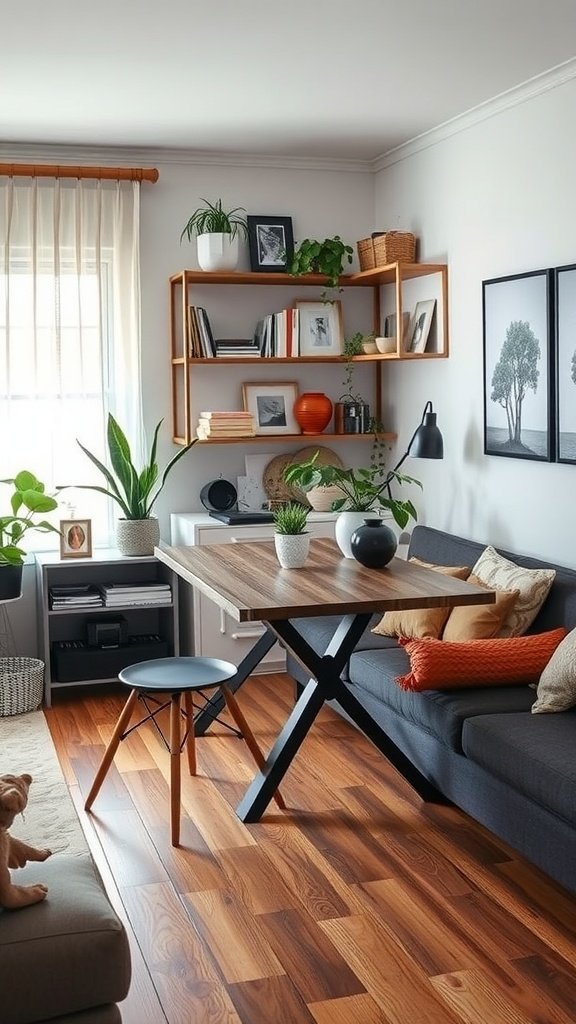 Small living room featuring a dining table, plants, and functional decor.