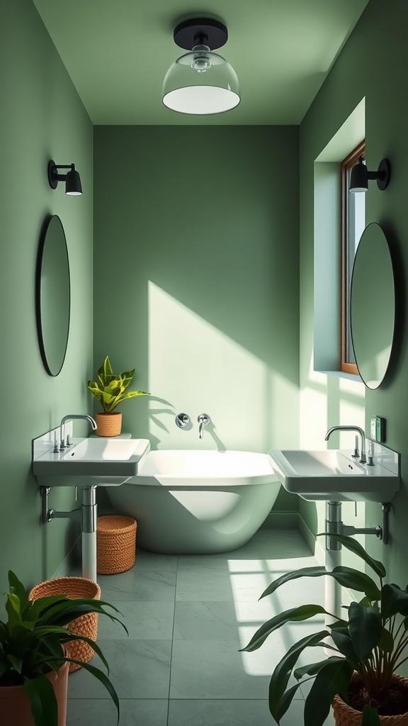 A serene bathroom featuring Lichen Green walls, a modern bathtub, and green plants.