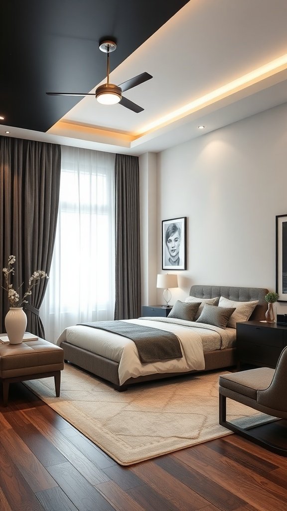 Stylish men's bedroom featuring a dark ceiling, light walls, and elegant furnishings