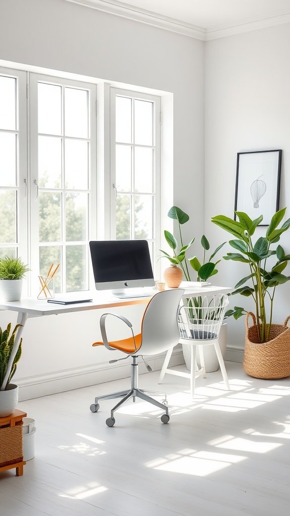 A bright home office with large windows, a sleek desk, a computer, and plants for a light and airy feel.