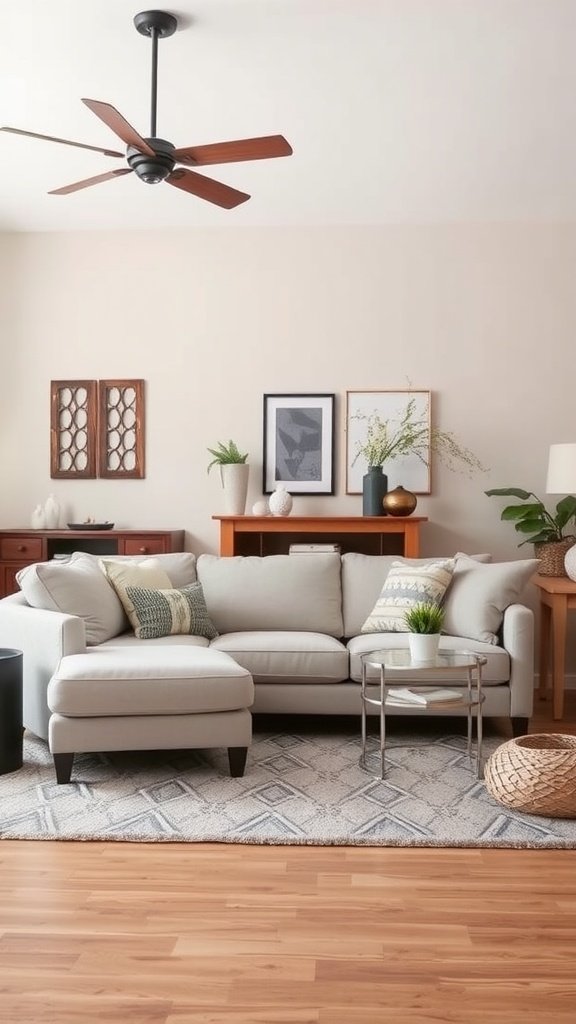 A light grey sectional sofa in a living room with beige walls, featuring decorative pillows, a geometric rug, and a ceiling fan.