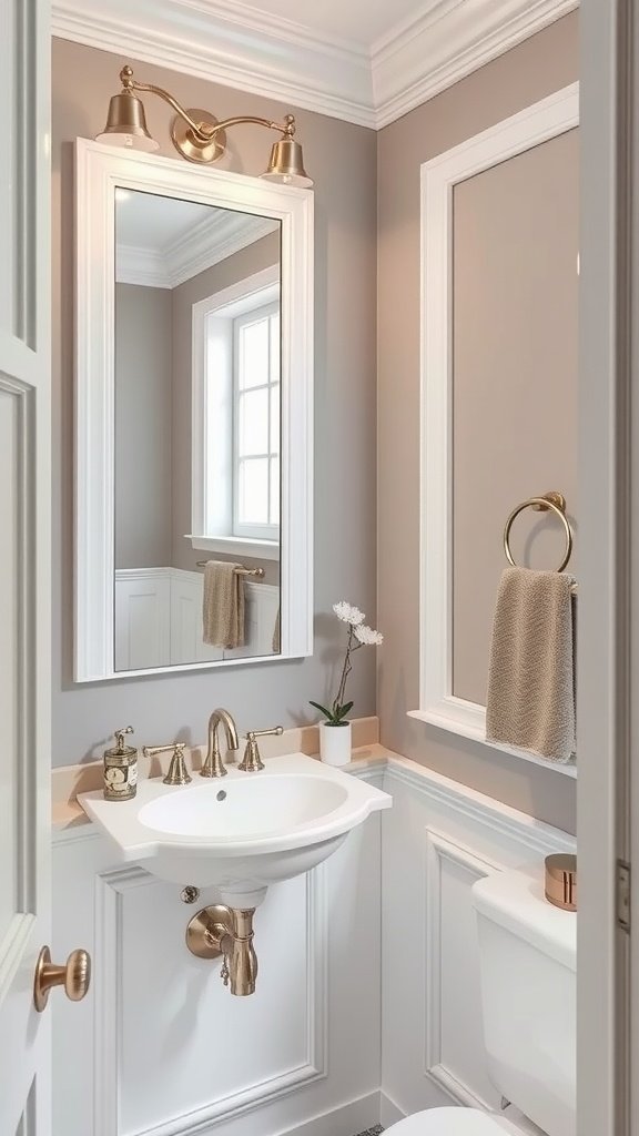A small bathroom painted in light taupe-gray with white trim, featuring a mirror, sink, and elegant lighting.