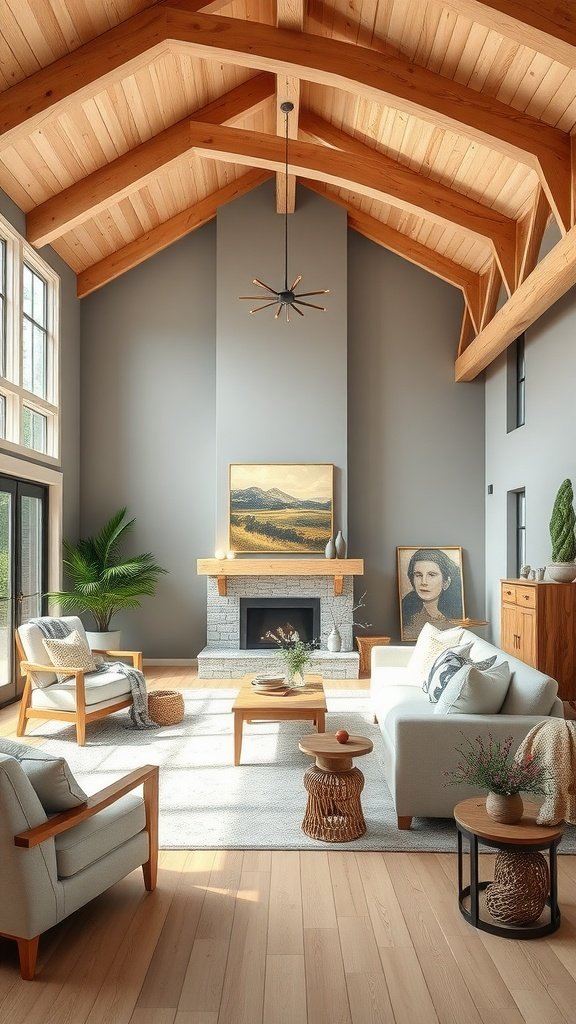 A grey modern farmhouse living room featuring lighter natural wood elements, high ceilings, and stylish furniture.